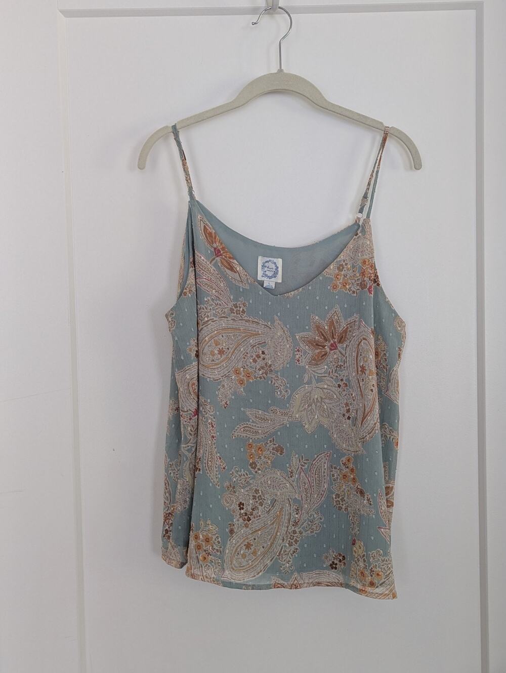 Blue Rain Francesca's Paisley Cami Top Blue Boho Metallic Gold Stripe Size L EUC